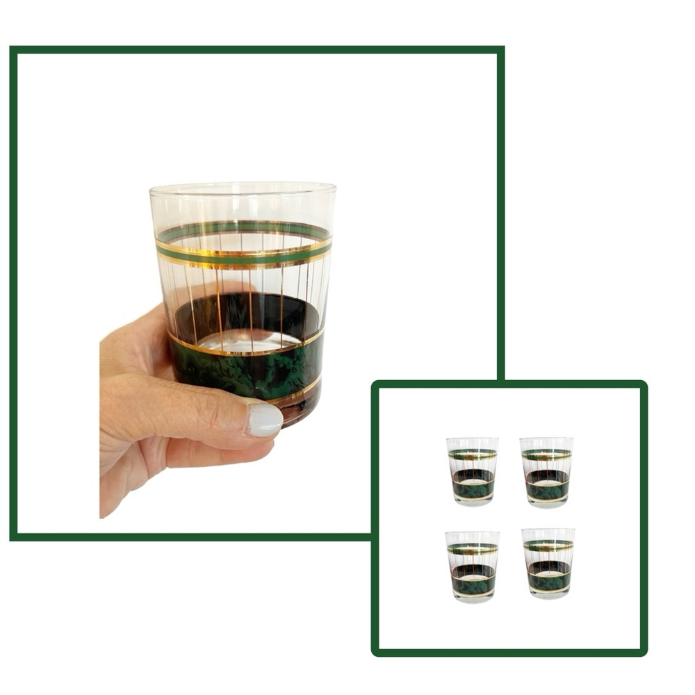 Set (4) MCM Double Old Fashioned Glasses Rich Green Band Gold Stripes 14 oz
